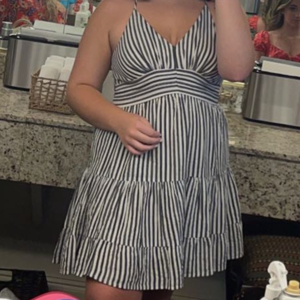 American Eagle Outfitters Dark Grey and White Striped Sundress
